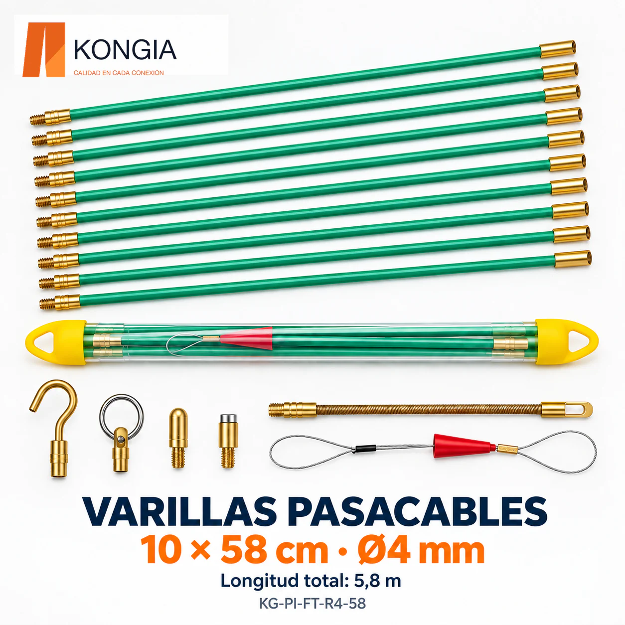 Kit de varillas pasacables de fibra de vidrio, 10 × 58 cm, Ø4 mm · 5,8 m en total