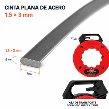 Detalle del perfil de acero plano de 1.5 por 3 mm — Guía Pasacables de Acero Plano 1.5 × 3 mm, 15 m — KG-PI-FT-S15