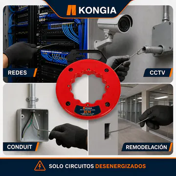 Aplicaciones en redes, CCTV, conduit y remodelación — Guía Pasacables de Acero Plano 1.5 × 3 mm, 15 m — KG-PI-FT-S15
