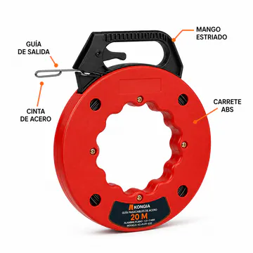 Construcción visible del carrete ABS y guía de salida — Guía Pasacables de Acero Plano 1.5 × 3 mm, 15 m — KG-PI-FT-S15