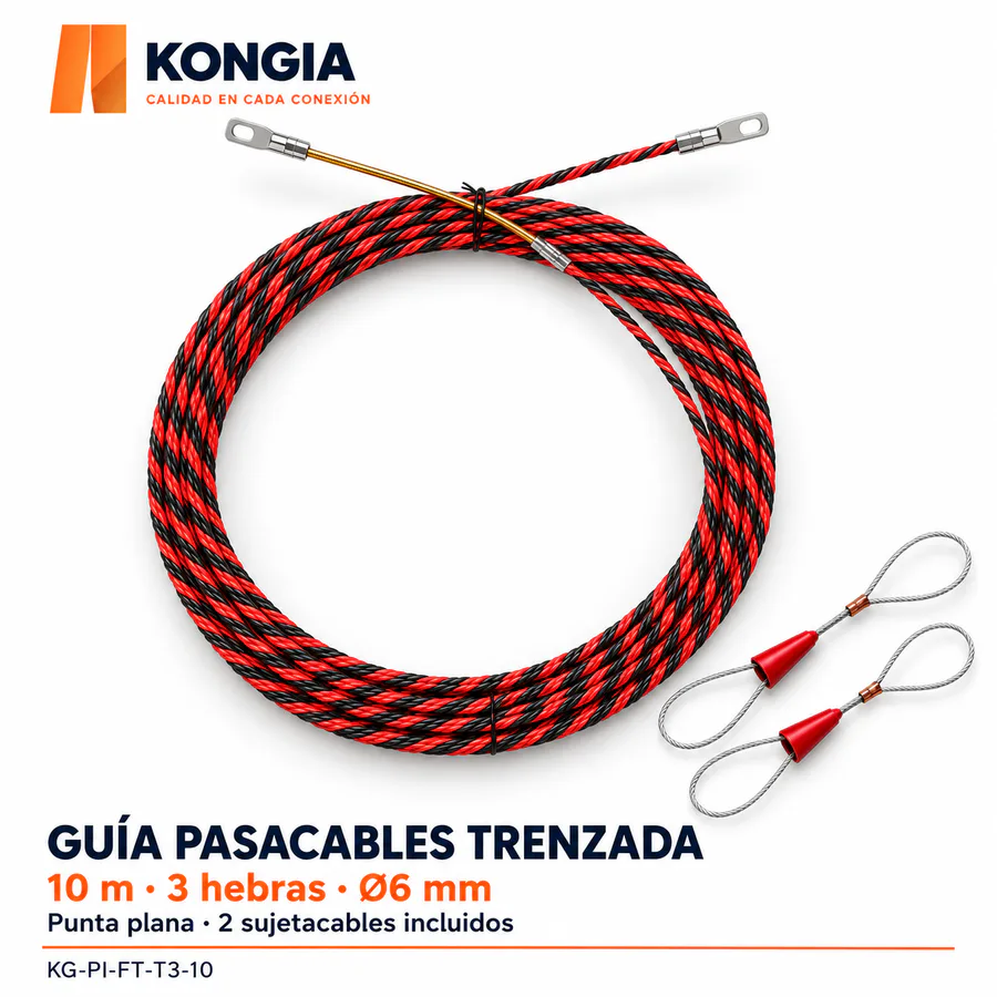 Guía pasacables trenzada de 3 hebras, 10 m, punta plana + 2 sujetacables