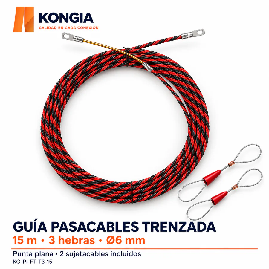 Guía pasacables trenzada de 3 hebras, 15 m, punta plana + 2 sujetacables