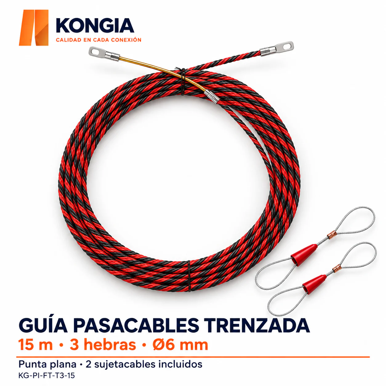 Guía pasacables trenzada de 3 hebras, 15 m, punta plana + 2 sujetacables