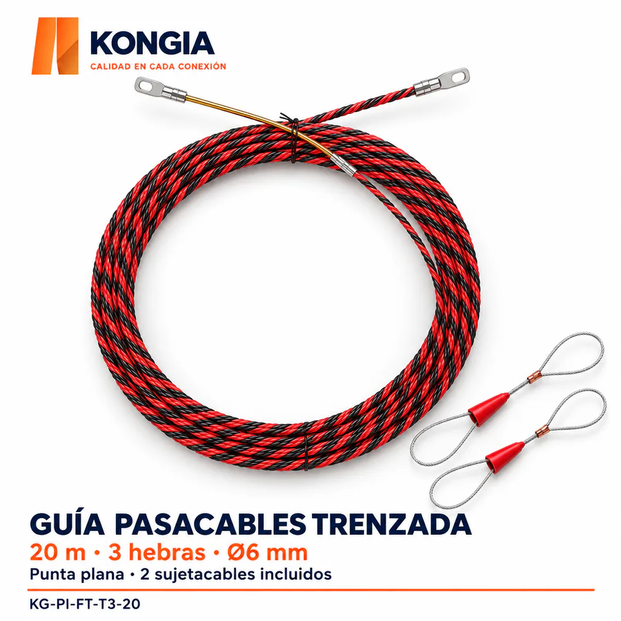 Guía pasacables trenzada de 3 hebras, 20 m, punta plana + 2 sujetacables