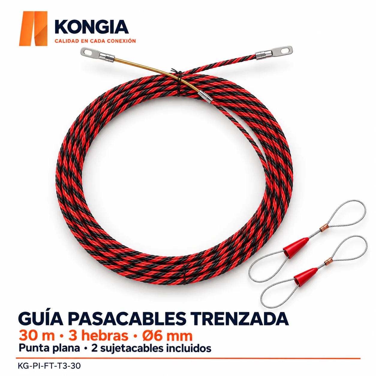 Guía pasacables trenzada de 3 hebras, 30 m, punta plana + 2 sujetacables