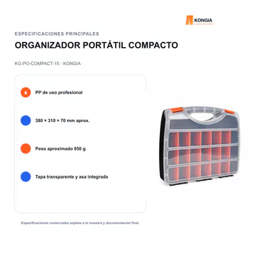 Especificaciones principales — Organizador Portátil Compacto de 15 Compartimentos — KG-PO-COMPACT-15