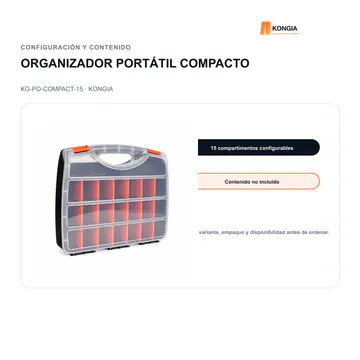 Configuración y contenido — Organizador Portátil Compacto de 15 Compartimentos — KG-PO-COMPACT-15