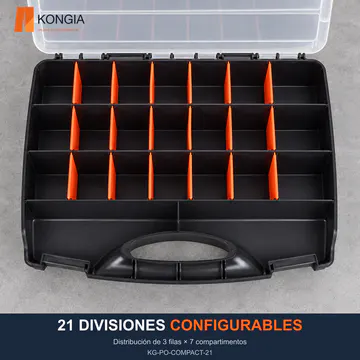 21 DIVISIONES CONFIGURABLES — Distribución de 3 filas × 7 compartimentos