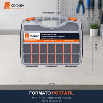 FORMATO PORTÁTIL — 38 × 31 × 7 cm · Plástico de alta resistencia