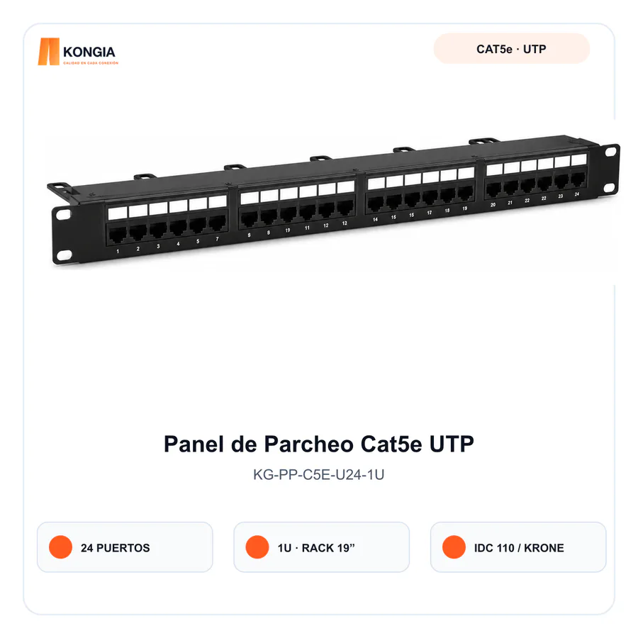 Panel de Parcheo Cat5e UTP de 24 Puertos, 1U, IDC 110/Krone