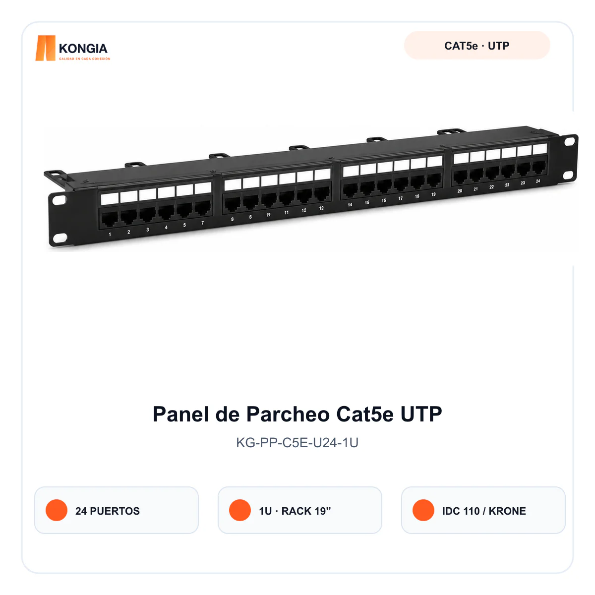 Panel de Parcheo Cat5e UTP de 24 Puertos, 1U, IDC 110/Krone