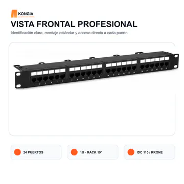 Vista frontal — Panel de Parcheo Cat5e UTP de 24 Puertos, 1U, IDC 110/Krone — KG-PP-C5E-U24-1U