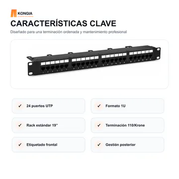 Características clave — Panel de Parcheo Cat5e UTP de 24 Puertos, 1U, IDC 110/Krone — KG-PP-C5E-U24-1U