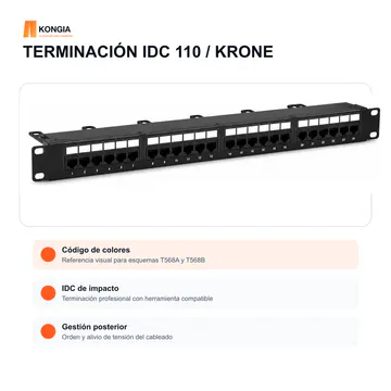 Terminación posterior — Panel de Parcheo Cat5e UTP de 24 Puertos, 1U, IDC 110/Krone — KG-PP-C5E-U24-1U