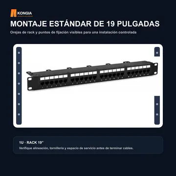Instalación en rack — Panel de Parcheo Cat5e UTP de 24 Puertos, 1U, IDC 110/Krone — KG-PP-C5E-U24-1U