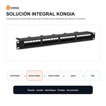 Solución integral — Panel de Parcheo Cat5e UTP de 24 Puertos, 1U, IDC 110/Krone — KG-PP-C5E-U24-1U