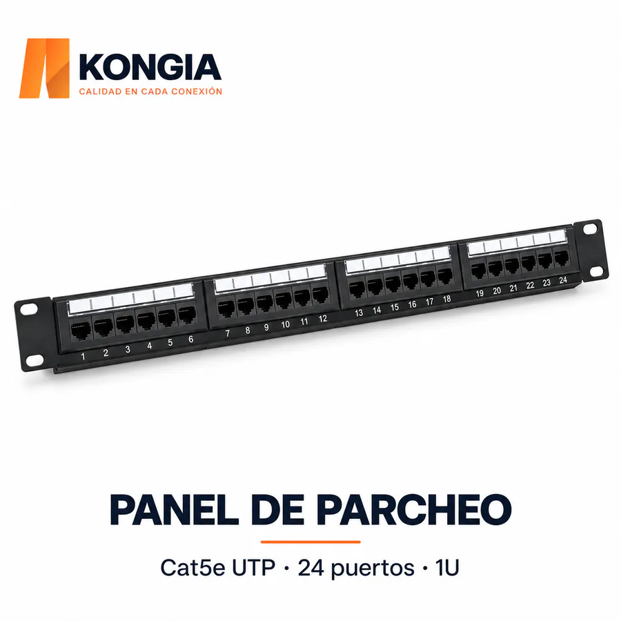 Panel de Parcheo Cat5e UTP de 24 Puertos, 1U, con Anillos Autoblocantes, Acero Reforzado y Contactos Chapados en Oro