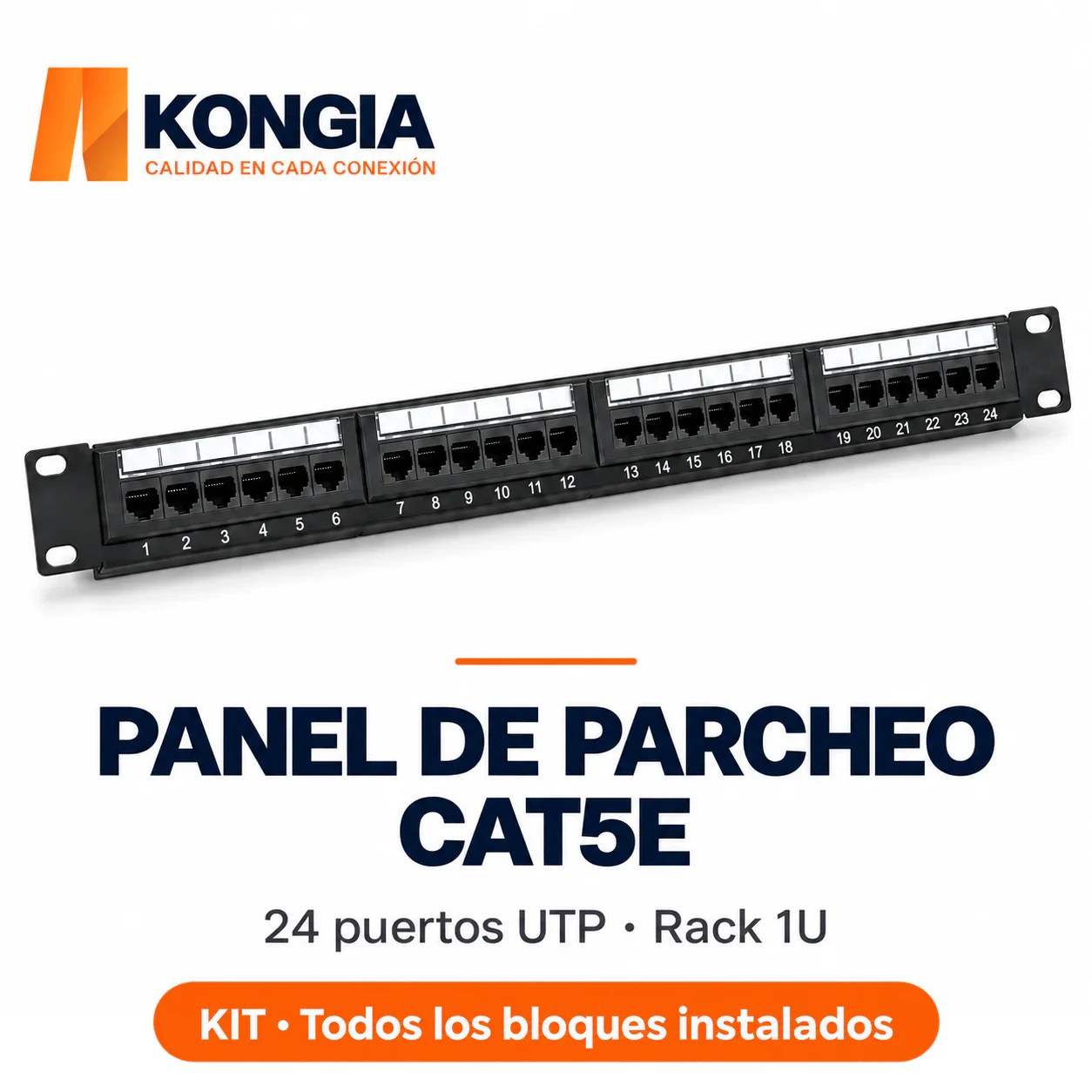 Panel de Parcheo Cat5e UTP de 24 Puertos, 1U, con Anillos Autoblocantes, Acero Reforzado y Contactos Chapados en Oro. Todos los bloques instalados