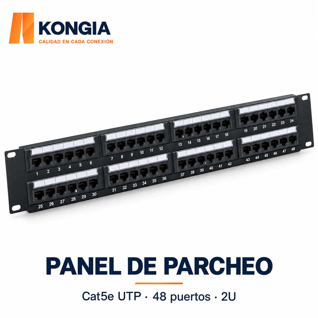 Panel de Parcheo Cat5e UTP de 48 Puertos, 2U, con Anillos Autoblocantes, Acero Reforzado y Contactos Chapados en Oro