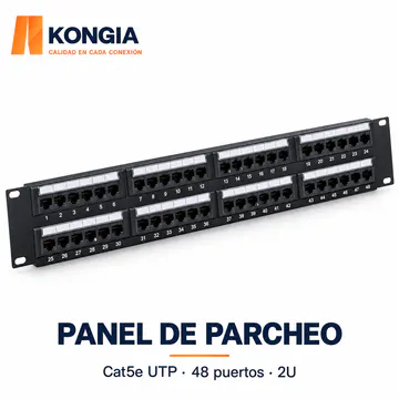 Panel de Parcheo Cat5e UTP de 48 Puertos, 2U, Precargado con Bloques Desmontables, IDC 110