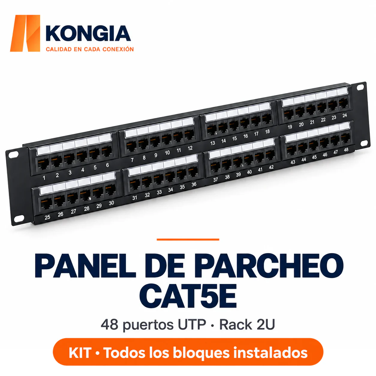 Panel de Parcheo Cat5e UTP de 48 Puertos, 2U, con Anillos Autoblocantes, Acero Reforzado y Contactos Chapados en Oro. Todos los bloques instalados