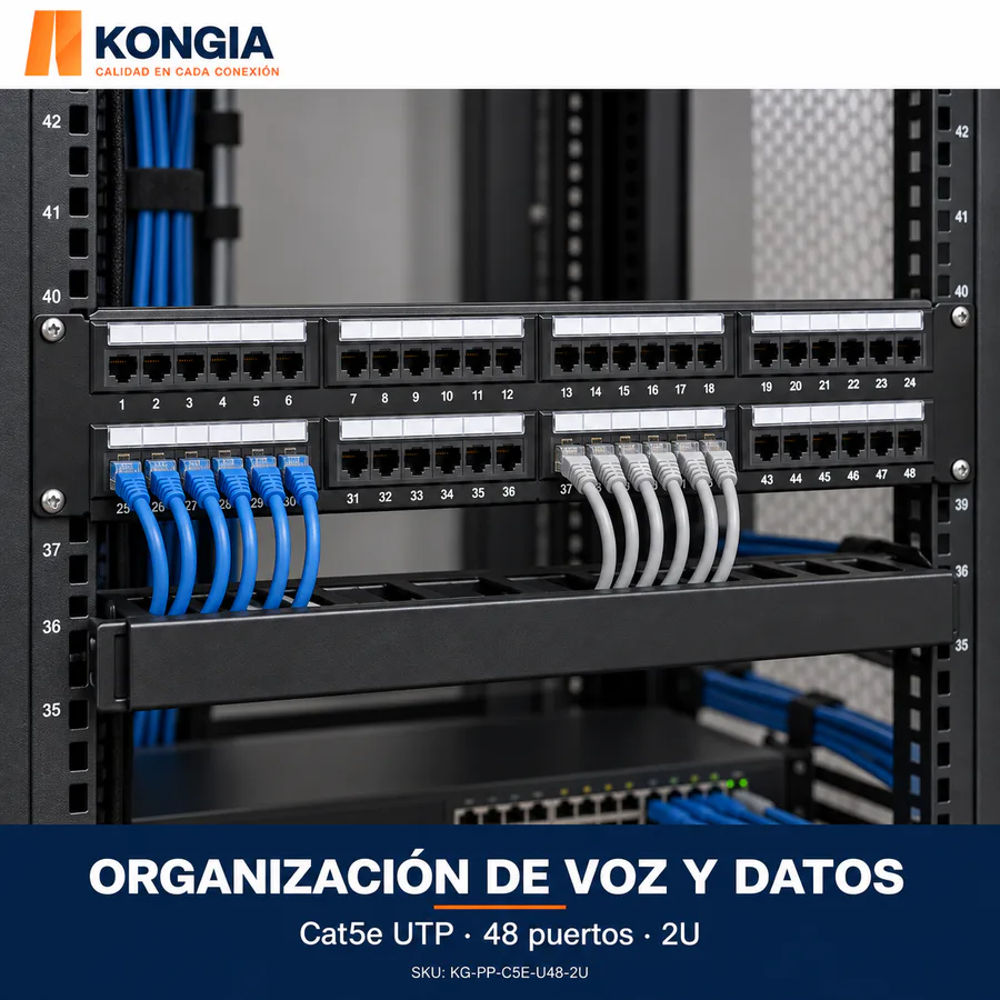 Escenarios de uso - Panel de Parcheo Cat5e UTP de 48 Puertos, 2U, con Anillos Autoblocantes, Acero Reforzado y Contactos Chapados en Oro. Todos los bloques instalados