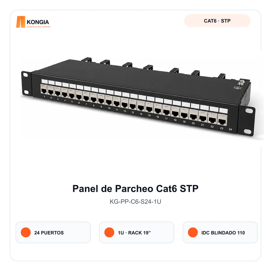 Panel de Parcheo Cat6 STP Blindado de 24 Puertos, 1U