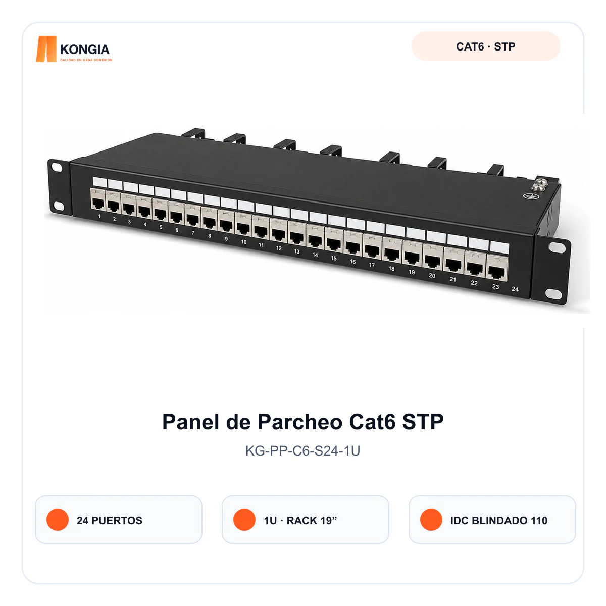 Panel de Parcheo Cat6 STP Blindado de 24 Puertos, 1U
