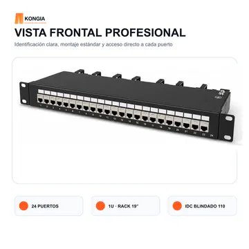 Vista frontal — Panel de Parcheo Cat6 STP Blindado de 24 Puertos, 1U — KG-PP-C6-S24-1U