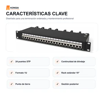 Características clave — Panel de Parcheo Cat6 STP Blindado de 24 Puertos, 1U — KG-PP-C6-S24-1U