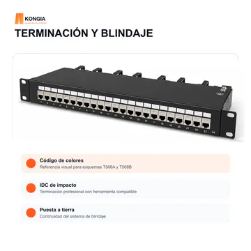 Terminación posterior — Panel de Parcheo Cat6 STP Blindado de 24 Puertos, 1U — KG-PP-C6-S24-1U