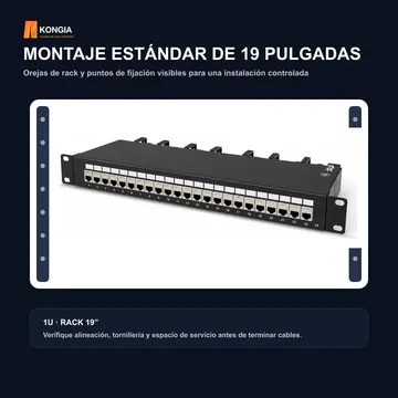 Instalación en rack — Panel de Parcheo Cat6 STP Blindado de 24 Puertos, 1U — KG-PP-C6-S24-1U