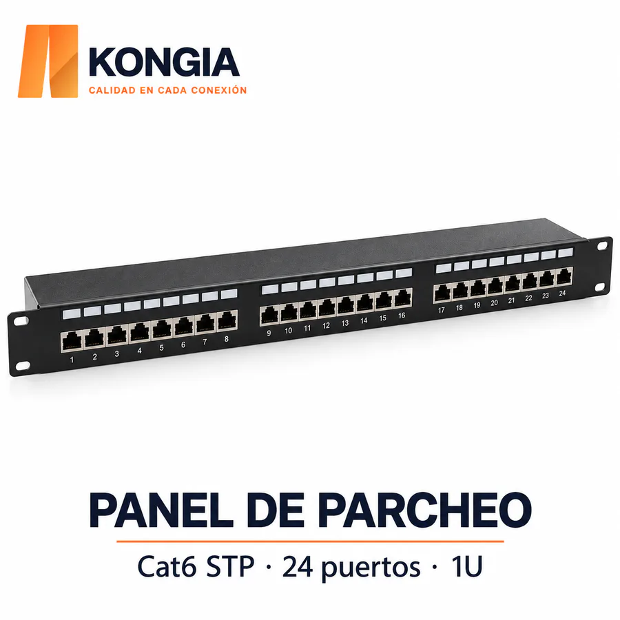 Panel de Parcheo Cat6 STP de 24 Puertos, 1U, Precargado con Bloques Desmontables, IDC 110