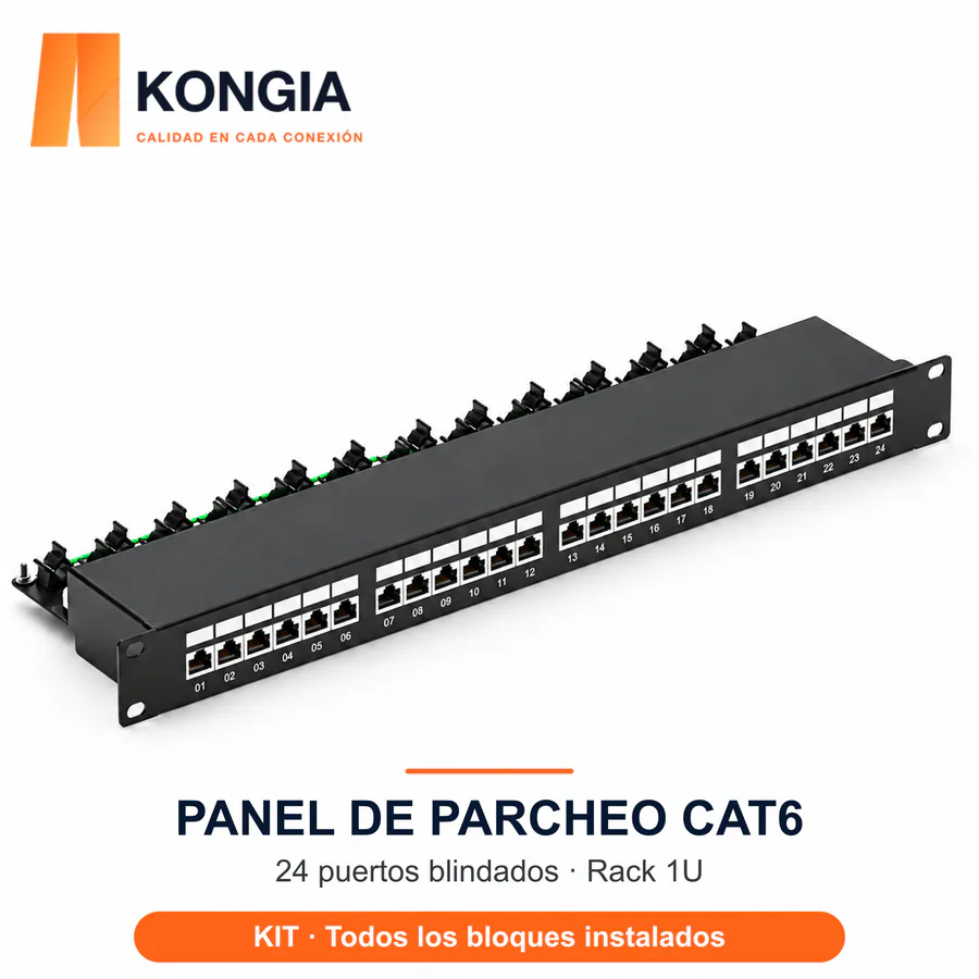 Panel de Parcheo Cat6 STP de 24 Puertos, 1U, Precargado con Bloques Desmontables, IDC 110. Todos los bloques instalados