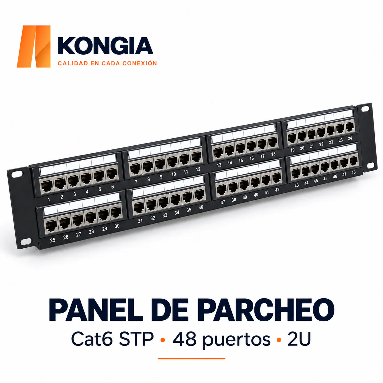 Panel de Parcheo Cat6 STP de 48 Puertos, 2U, Precargado con Bloques Desmontables, IDC 110