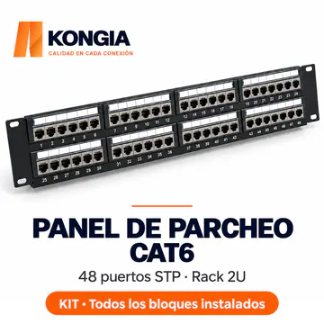 KG-PP-C6-S48-2U KIT · Panel de Parcheo Cat6 STP de 48 Puertos, 2U, Precargado con Bloques Desmontables, IDC 110. Todos los bloques instalados