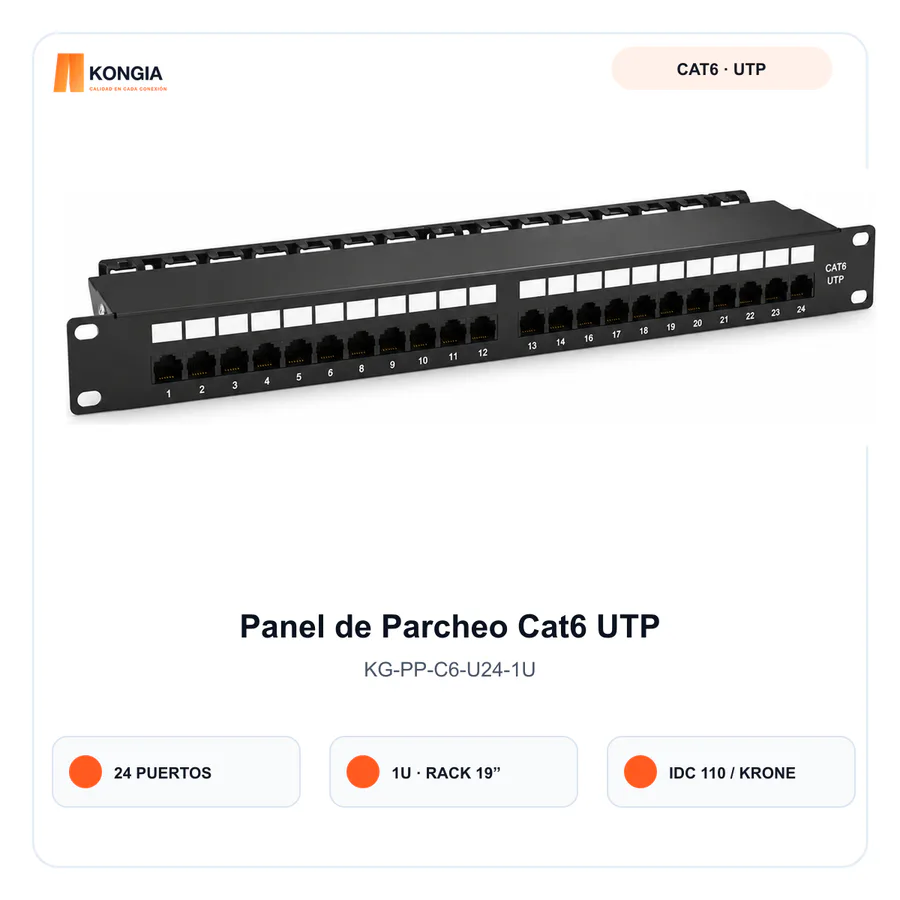 Panel de Parcheo Cat6 UTP de 24 Puertos, 1U, IDC 110/Krone