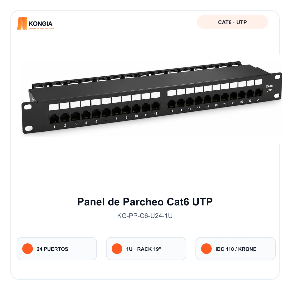 Panel de Parcheo Cat6 UTP de 24 Puertos, 1U, IDC 110/Krone