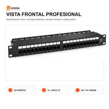 Vista frontal — Panel de Parcheo Cat6 UTP de 24 Puertos, 1U, IDC 110/Krone — KG-PP-C6-U24-1U