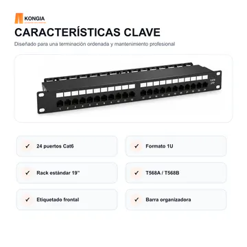 Características clave — Panel de Parcheo Cat6 UTP de 24 Puertos, 1U, IDC 110/Krone — KG-PP-C6-U24-1U