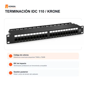 Terminación posterior — Panel de Parcheo Cat6 UTP de 24 Puertos, 1U, IDC 110/Krone — KG-PP-C6-U24-1U