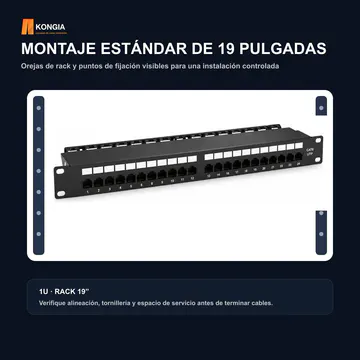 Instalación en rack — Panel de Parcheo Cat6 UTP de 24 Puertos, 1U, IDC 110/Krone — KG-PP-C6-U24-1U