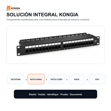 Solución integral — Panel de Parcheo Cat6 UTP de 24 Puertos, 1U, IDC 110/Krone — KG-PP-C6-U24-1U
