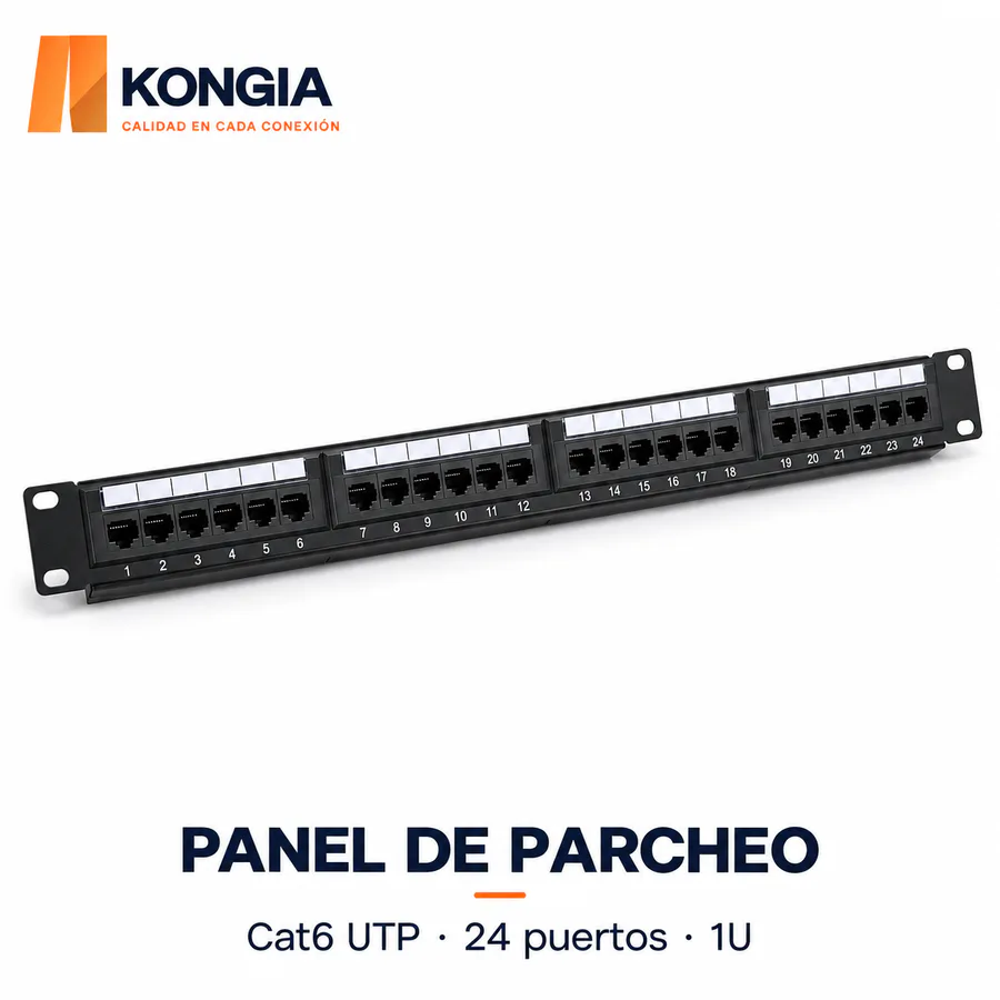 Panel de Parcheo Cat6 UTP de 24 Puertos, 1U, con Anillos Autoblocantes, Acero Reforzado y Contactos Chapados en Oro