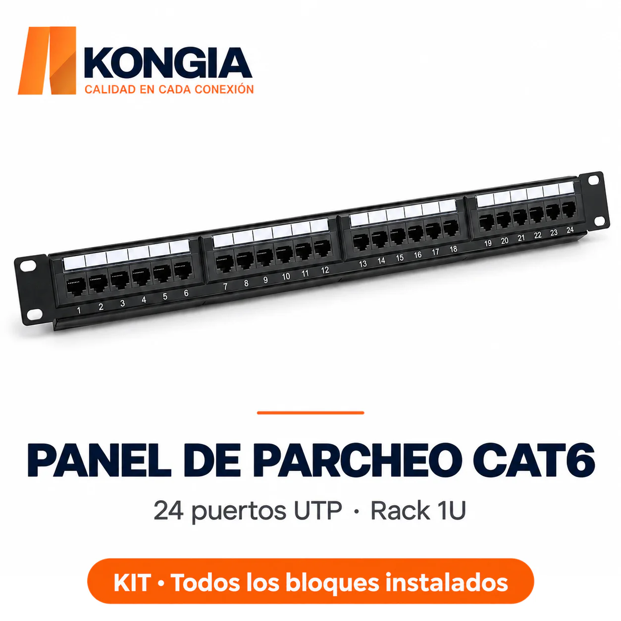 Panel de Parcheo Cat6 UTP de 24 Puertos, 1U, con Anillos Autoblocantes, Acero Reforzado y Contactos Chapados en Oro. Todos los bloques instalados