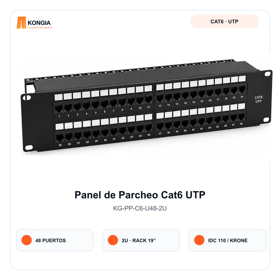 Panel de Parcheo Cat6 UTP de 48 Puertos, 2U, IDC 110/Krone