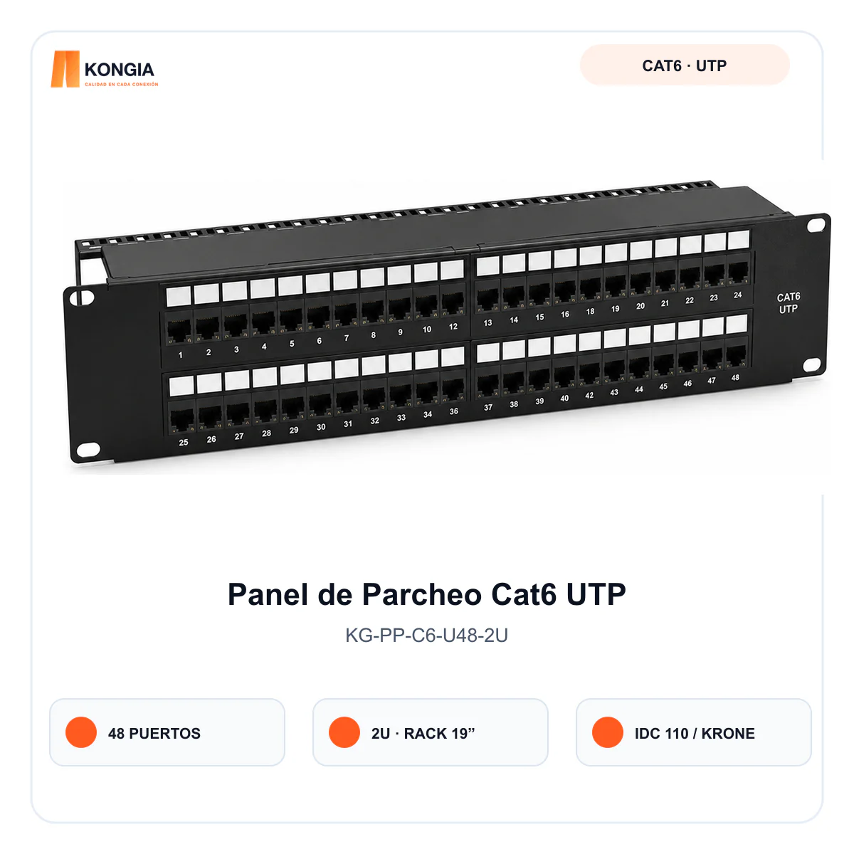 Panel de Parcheo Cat6 UTP de 48 Puertos, 2U, IDC 110/Krone