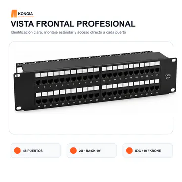 Vista frontal — Panel de Parcheo Cat6 UTP de 48 Puertos, 2U, IDC 110/Krone — KG-PP-C6-U48-2U