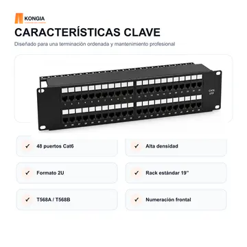 Características clave — Panel de Parcheo Cat6 UTP de 48 Puertos, 2U, IDC 110/Krone — KG-PP-C6-U48-2U
