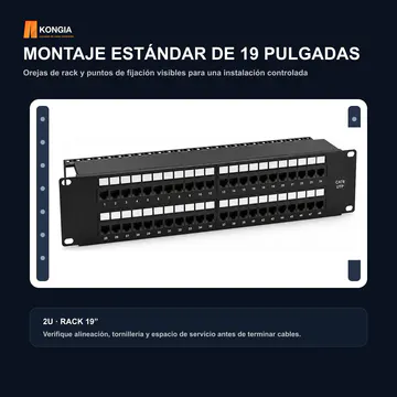 Instalación en rack — Panel de Parcheo Cat6 UTP de 48 Puertos, 2U, IDC 110/Krone — KG-PP-C6-U48-2U